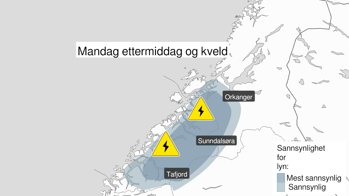 Map over Downgraded alert warning for lightning, Parts of Møre and Romsdal, south of Trøndelag and north in Innlandet.
