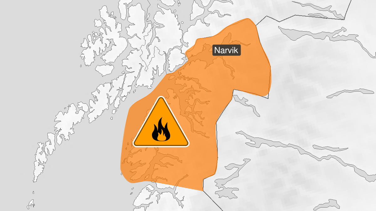 Kart over Stor skogbrannfare, oransje nivå, Ofoten og deler av Salten, 2024-08-06T22:01:00+00:00, 2024-08-11T10:00:00+00:00