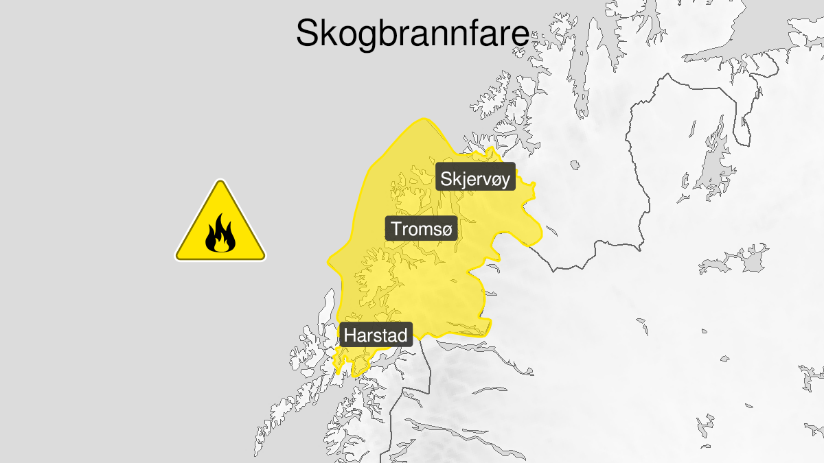 Map over Forest fire danger, yellow level, Troms, 2024-05-31T08:00:00+00:00, 2024-06-03T14:00:00+00:00