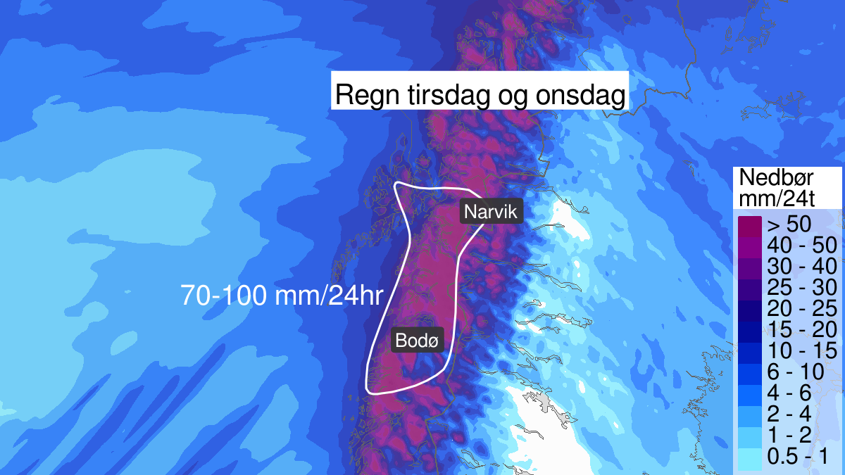 Mye regn, gult nivå, Saltfjellet, Salten, Ofoten og Vesterålen, 03 December 18:00 UTC til 05 December 00:00 UTC.