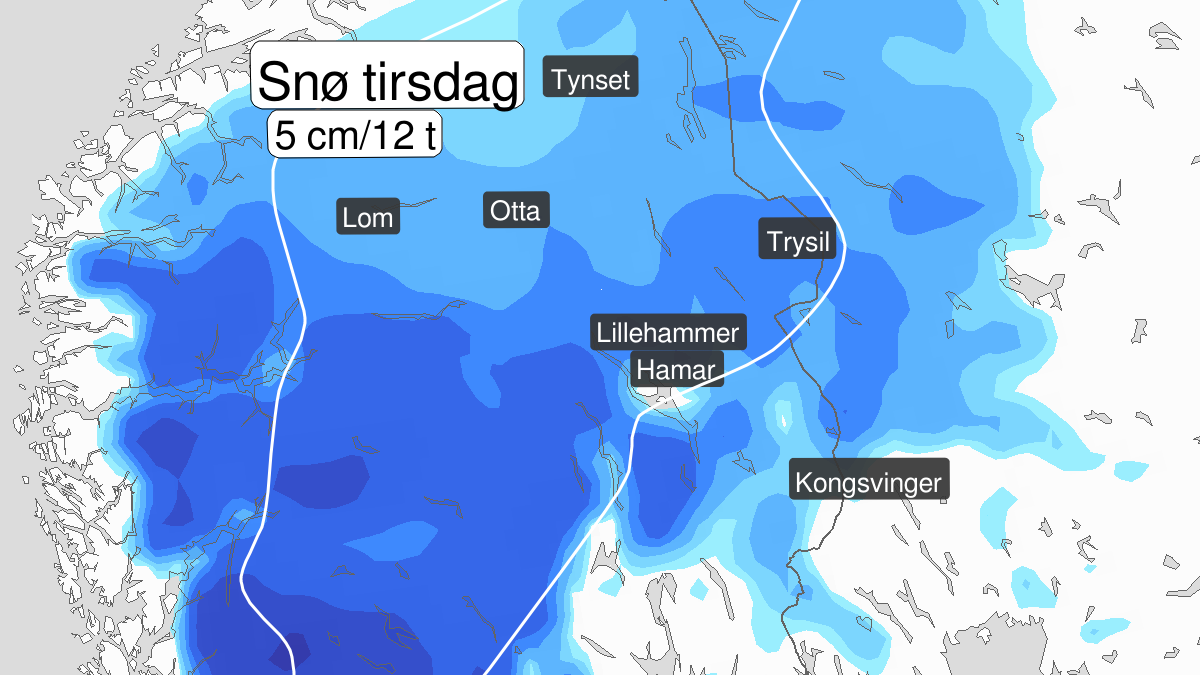 Mye snø, gult nivå, Oppland og Hedmark, 08 October 03:00 UTC til 08 October 10:00 UTC.