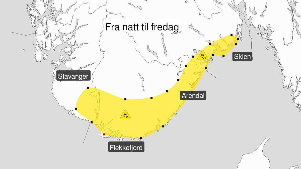 Kart over Is, gult nivå, Deler av Rogaland, Agder, Telemark og Vestfold, 2023-12-14T22:00:00+00:00, 2023-12-15T09:00:00+00:00