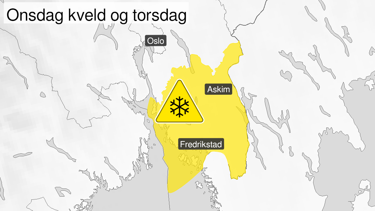 Kart over snø, gult nivå, Østfold, 10 March 18:00 UTC til 11 March 18:00 UTC.