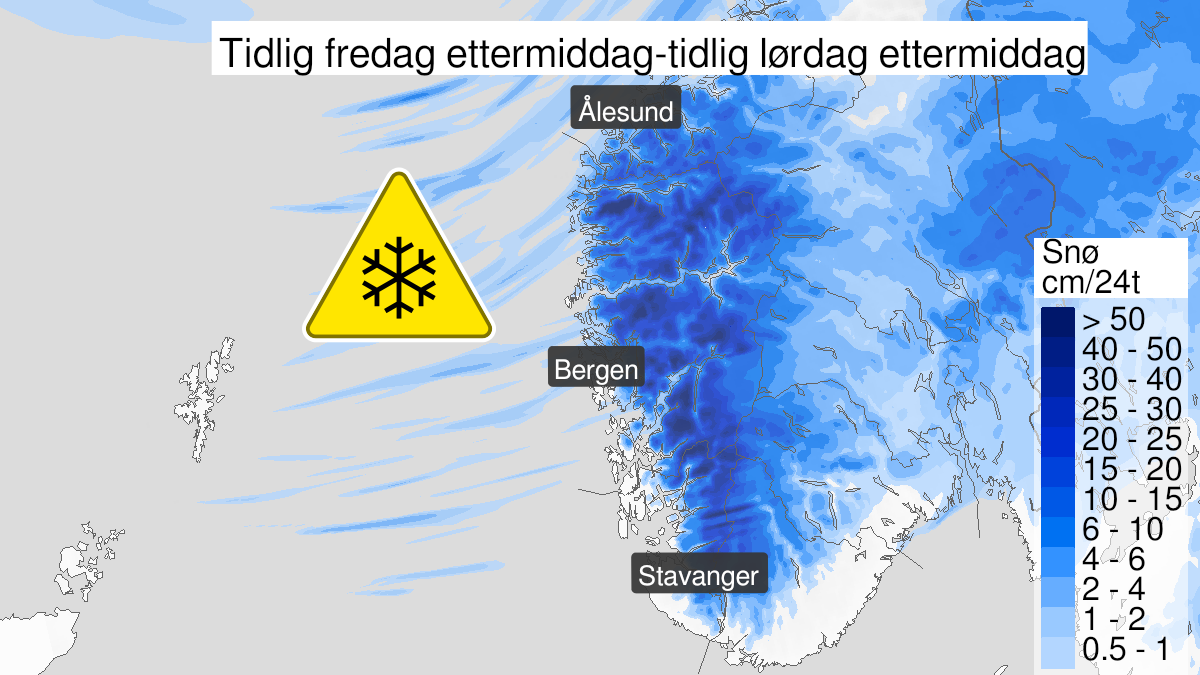 Kart over snø, gult nivå, Vestlandet sør for Stad og Sunnmøre, 04 February 11:00 UTC til 05 February 13:00 UTC.
