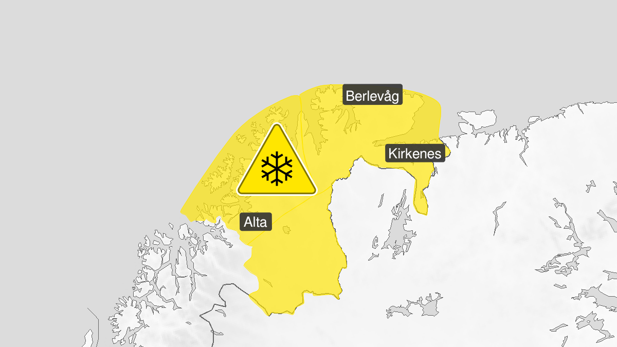 Map of blowing snow, yellow level, Finnmark, 24 January 07:00 UTC to 25 January 12:00 UTC.