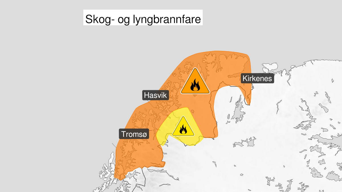 Map over High forest fire danger, orange level, Troms and parts of Finnmark, 2024-08-06T22:00:00+00:00, 2024-08-10T22:00:00+00:00