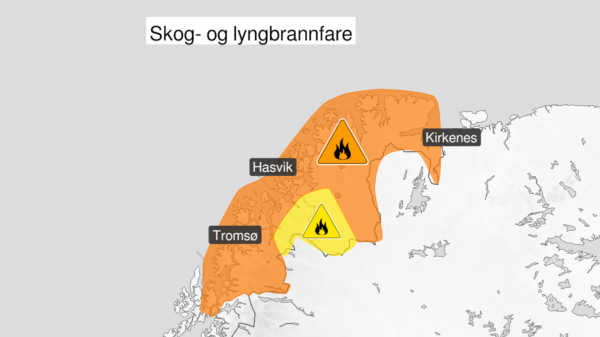 Map over Forest fire danger, yellow level, Southern parts of West-Finnmark, 2024-08-06T22:00:00+00:00, 2024-08-07T07:00:00+00:00