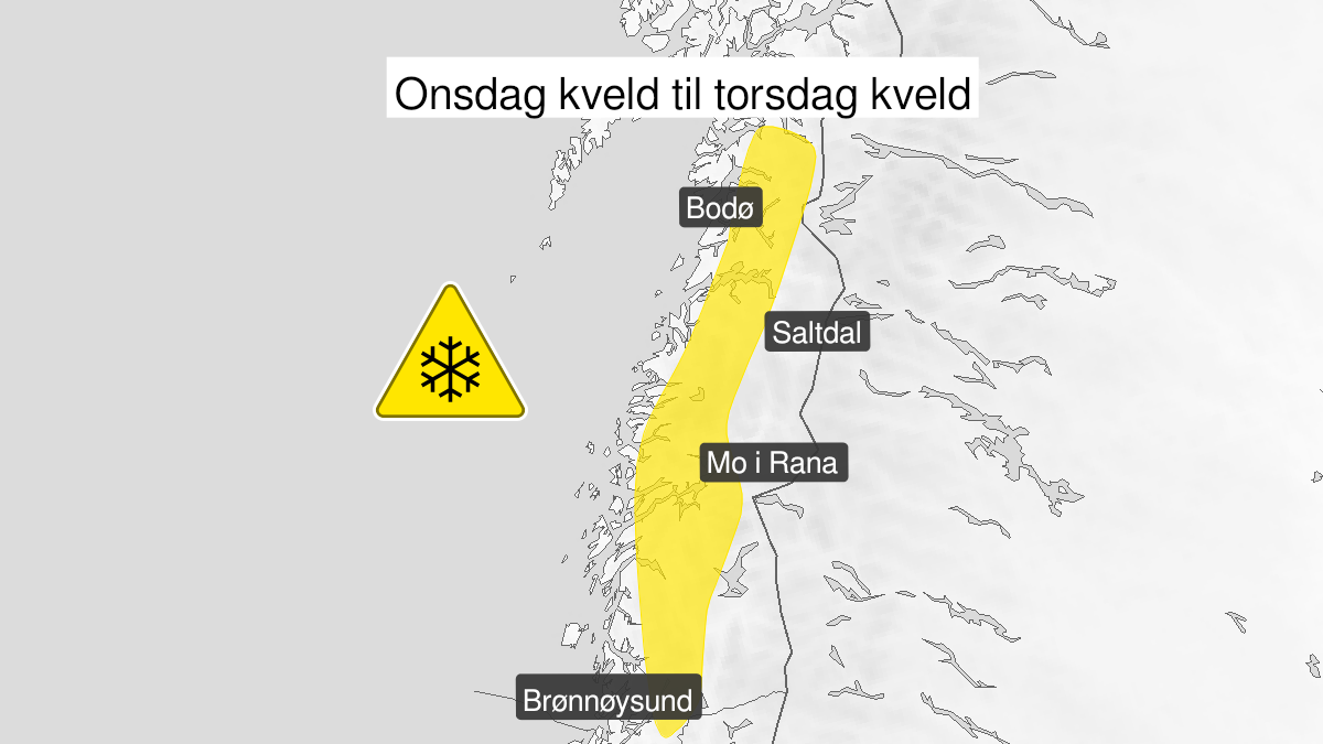 Kart over Snø, gult nivå, Fjellet i ytre Nordland, 2023-03-01T20:00:00+00:00, 2023-03-02T20:00:00+00:00