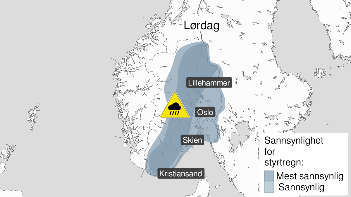Kart over Styrtregn, gult nivå, Østlandet og Agder, 2024-06-01T12:00:00+00:00, 2024-06-01T20:00:00+00:00