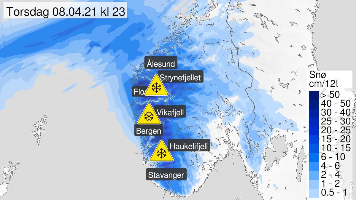Kart over snø, gult nivå, Vestlandet sør for Stad, 08 April 10:00 UTC til 08 April 23:00 UTC.