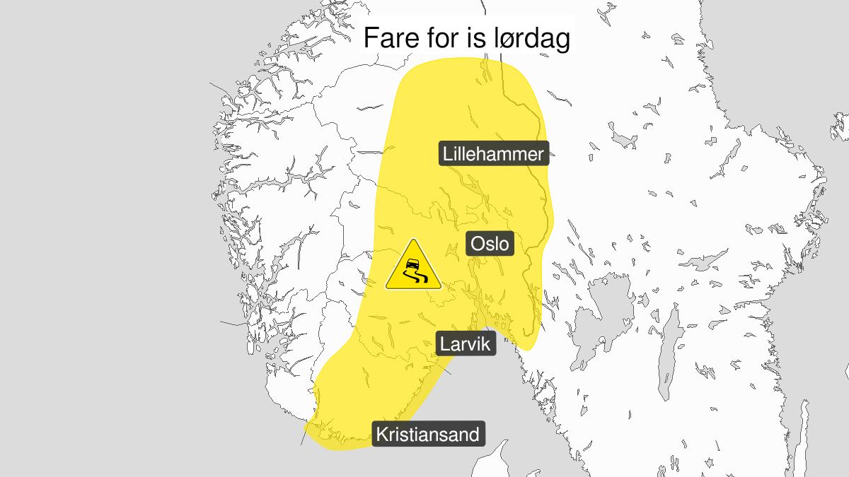 Kart over Is, gult nivå, Sørlandet og Østlandet, 2023-12-15T21:00:00+00:00, 2023-12-16T23:00:00+00:00