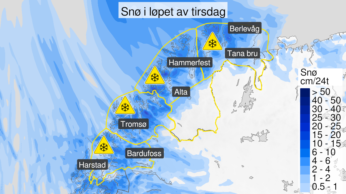 Kart over Snø, gult nivå, Troms og Finnmark, 2023-05-02T00:00:00+00:00, 2023-05-03T23:59:00+00:00
