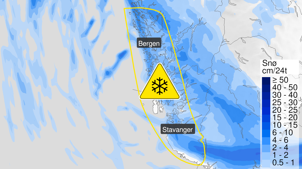 Kart over Snø, gult nivå, Deler av Hordaland og  Rogaland, 2022-12-08T03:00:00+00:00, 2022-12-09T06:00:00+00:00
