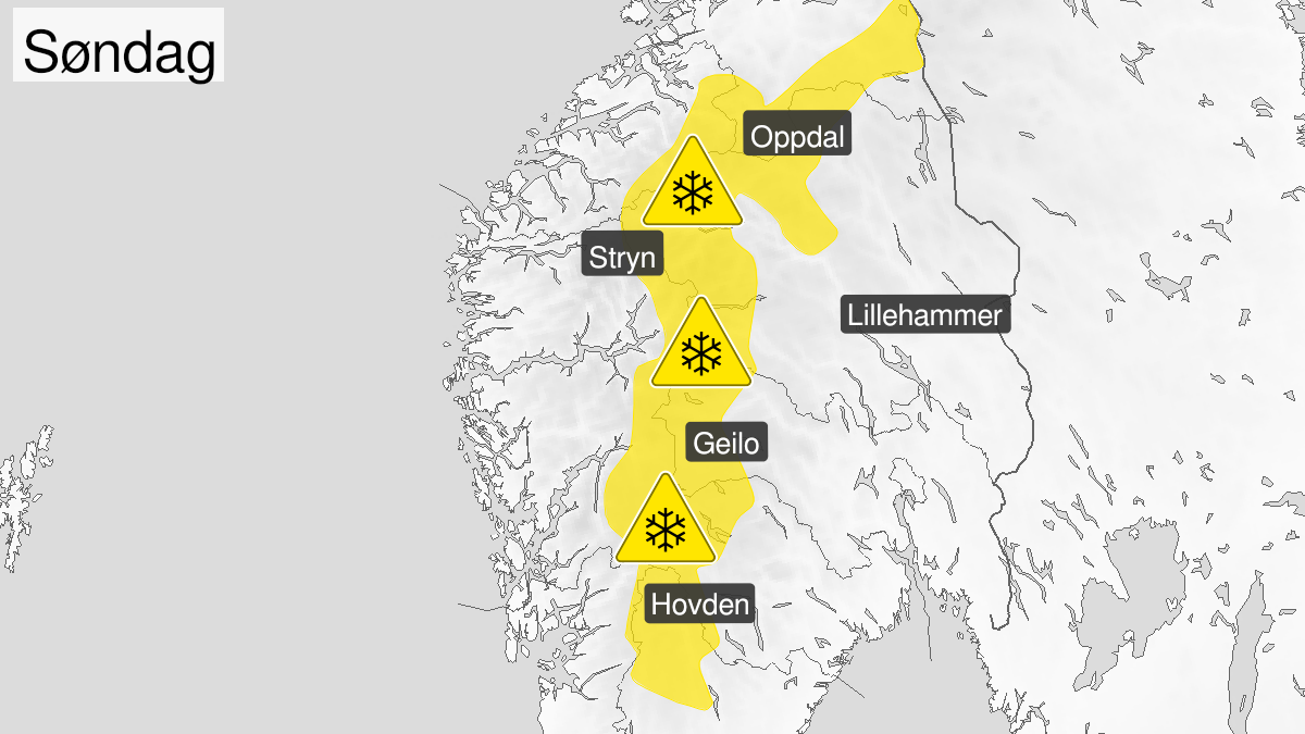 Map of blowing snow, yellow level, Fjellet i Soer-Norge, 16 January 06:00 UTC to 17 January 16:00 UTC.