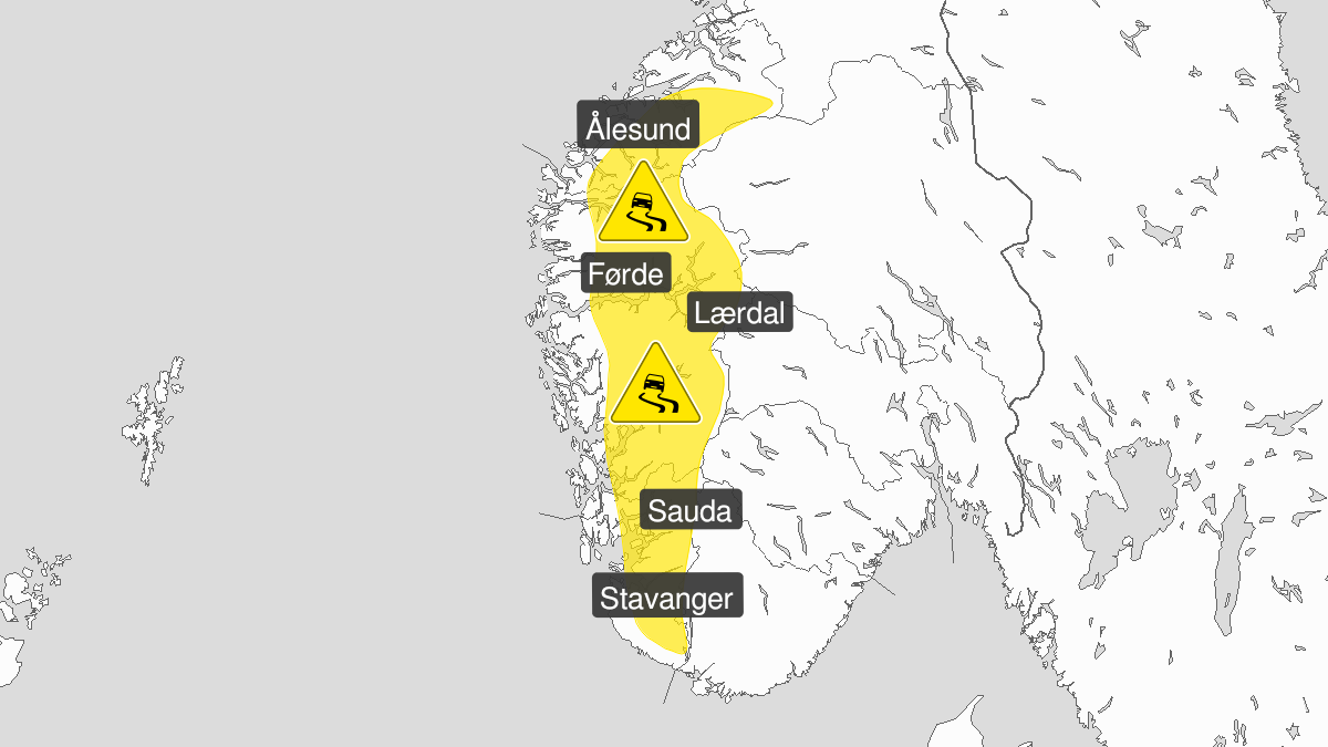 Kart over Is, gult nivå, Deler av Vestlandet , 2024-01-21T15:00:00+00:00, 2024-01-22T12:00:00+00:00