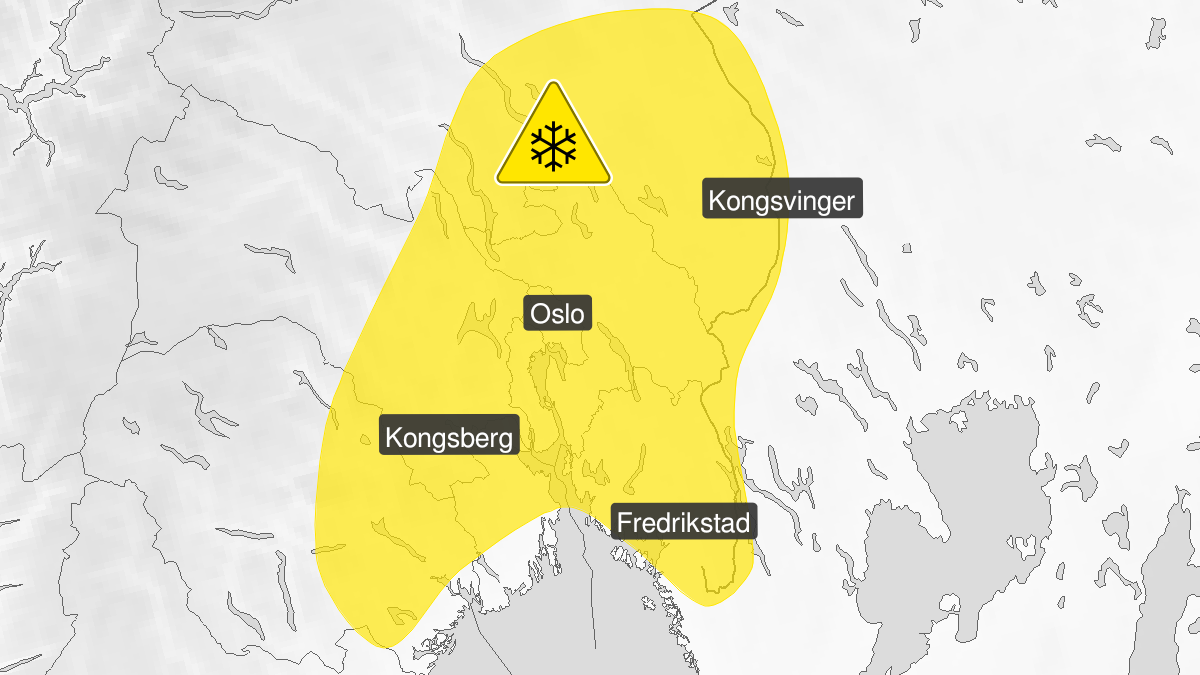 Kart over Snø, gult nivå, Deler av Østlandet, 2024-01-26T03:00:00+00:00, 2024-01-26T19:00:00+00:00