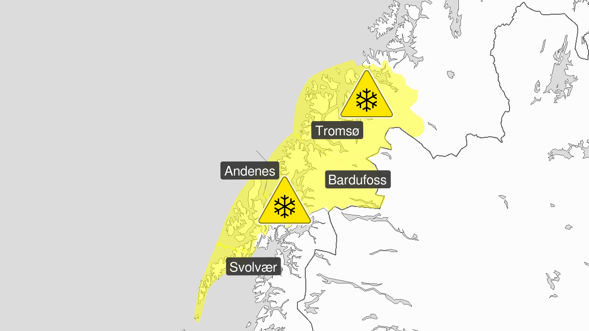 Kraftig snøfokk, gult nivå, Sør-Troms, 26 February 06:00 UTC til 26 February 23:00 UTC.