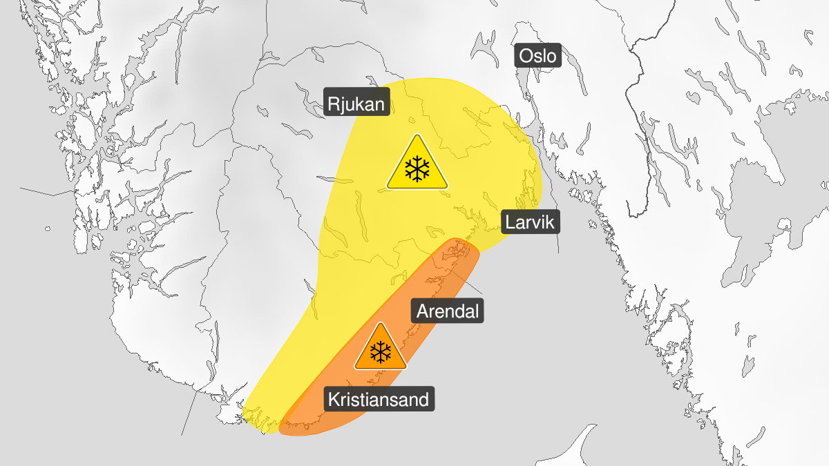 Kart over Snø, gult nivå, Deler av Østlandet og Agder, 2024-01-02T08:00:00+00:00, 2024-01-02T11:00:00+00:00