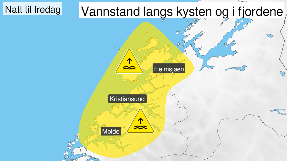 Map over High water level, yellow level, Coastal and fjord districts in More and Romsdal and southern parts of Trondelag, 2024-08-22T23:00:00+00:00, 2024-08-23T01:00:00+00:00