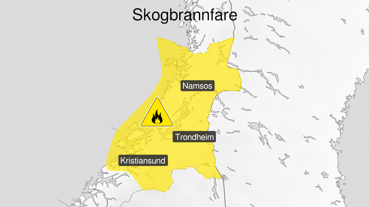 Map of forest fire danger, yellow level, Trøndelag and Nordmøre, 27 July 09:00 UTC to 30 July 00:00 UTC.