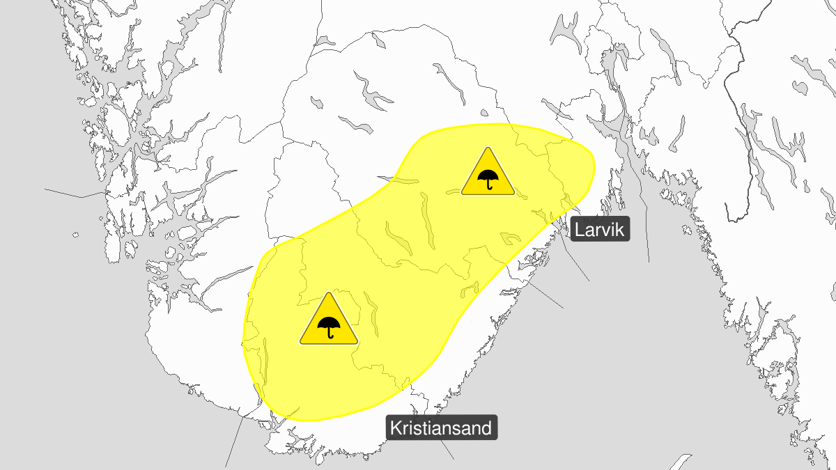 Kraftige regnbyger, gult nivå, Agder, Telemark og Vestfold, 13 July 12:00 UTC til 13 July 19:00 UTC.