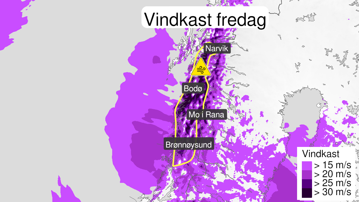 Kart over Kraftige vindkast, gult nivå, Deler av Nordland og Nord Trøndelag, 2024-02-23T12:00:00+00:00, 2024-02-23T20:00:00+00:00