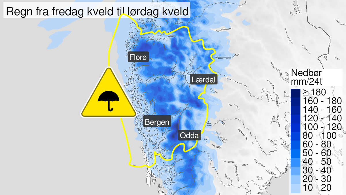 Kart over Nedgradert varsel for regn, Vestland