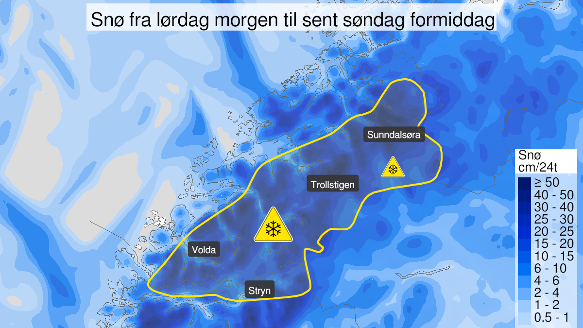Kart over Snø, gult nivå, Deler av Møre og Romsdal og Nordfjord , 2024-01-13T03:00:00+00:00, 2024-01-14T12:00:00+00:00