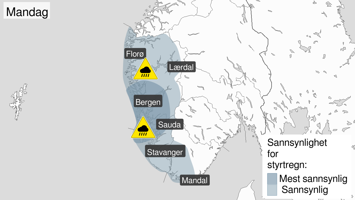 Kart over Styrtregn, gult nivå, Deler av Sør-Norge , 2023-09-11T03:00:00+00:00, 2023-09-11T11:00:00+00:00