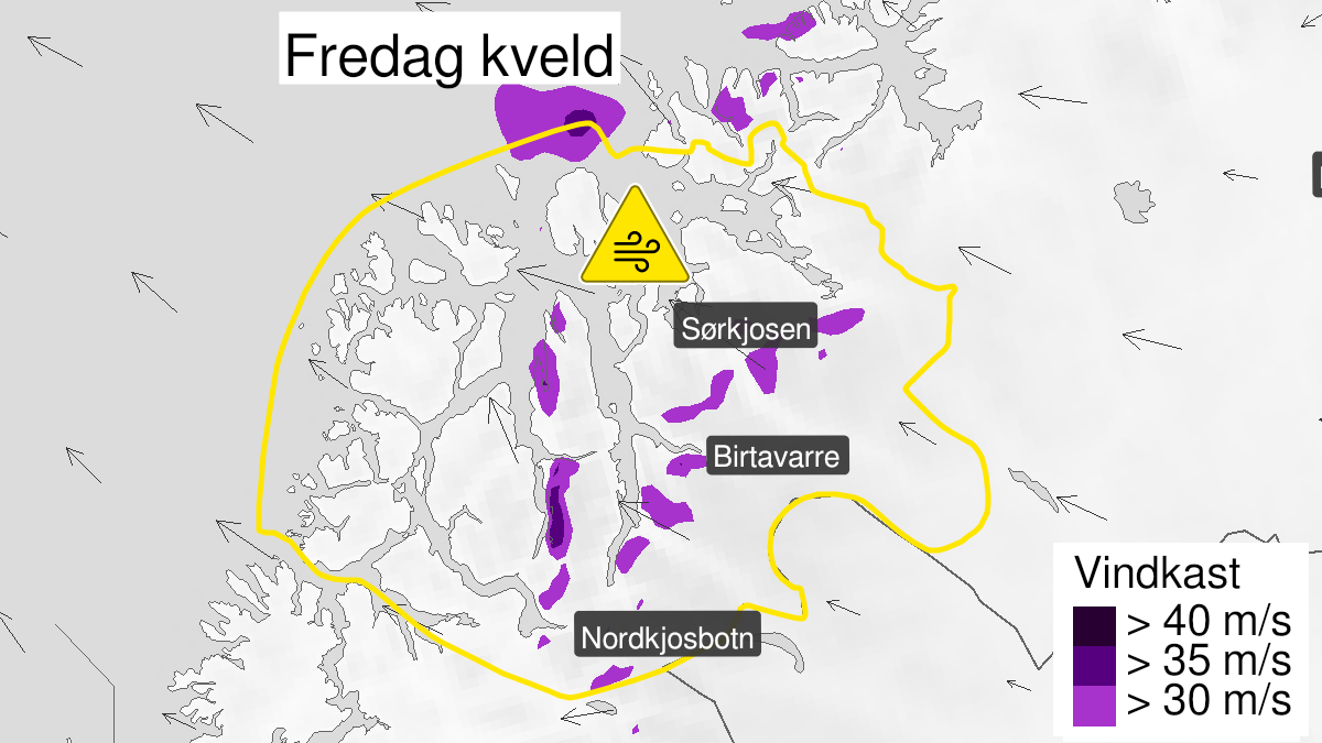 Map of strong wind gusts, yellow level, Nord-Troms, 04 February 15:00 UTC to 04 February 21:00 UTC.