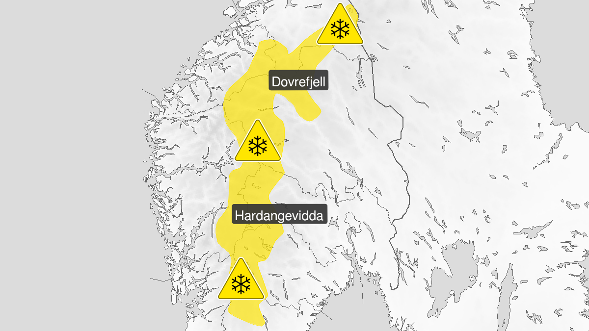 Kart over kraftig snøfokk, gult nivå, Fjellet i Sør-Norge, 27 March 16:00 UTC til 28 March 17:00 UTC.