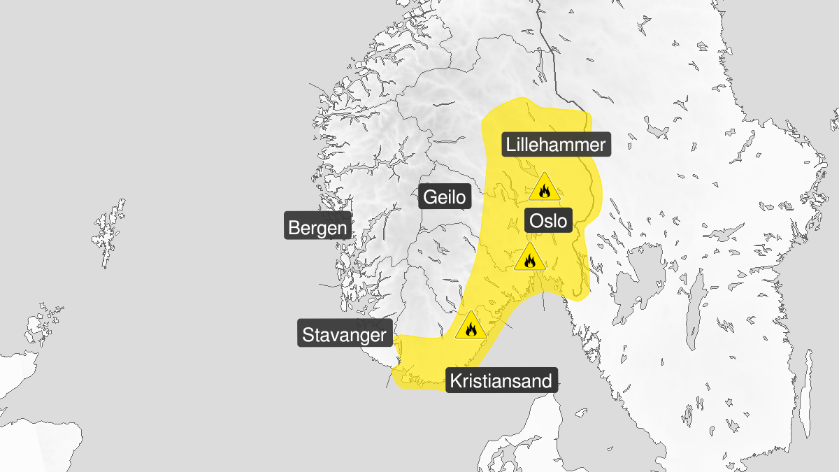 Kart over Skogbrannfare, gult nivå, Deler av Østlandet og Sørlandet, 2023-05-15T22:00:00+00:00, 2023-05-22T22:00:00+00:00