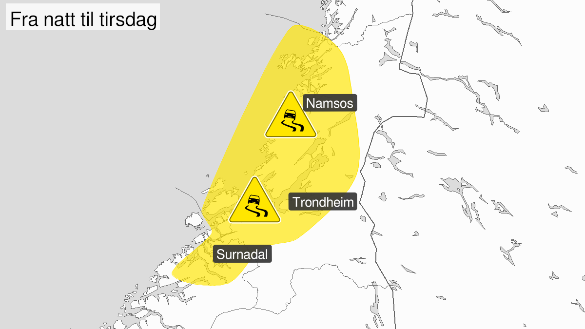 Kart over Is, gult nivå, Deler av Trøndelag og Nordmøre, 2024-02-19T23:00:00+00:00, 2024-02-20T09:00:00+00:00