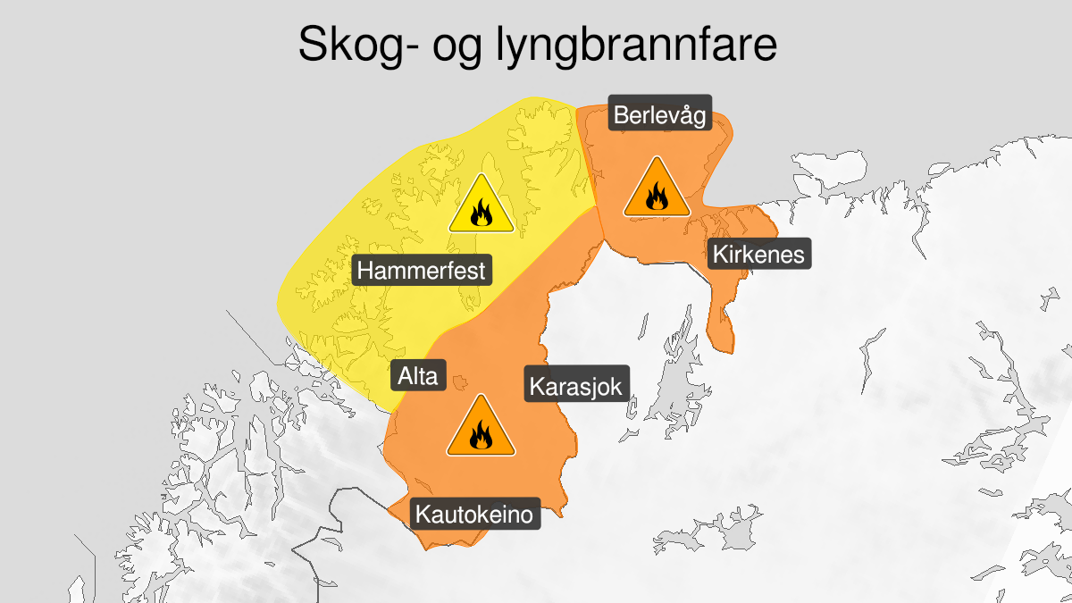 Kart over Skogbrannfare, gult nivå, Vest Finnmark og vestlige deler av Øst Finnmark, 2024-09-07T22:00:00+00:00, 2024-09-19T06:00:00+00:00