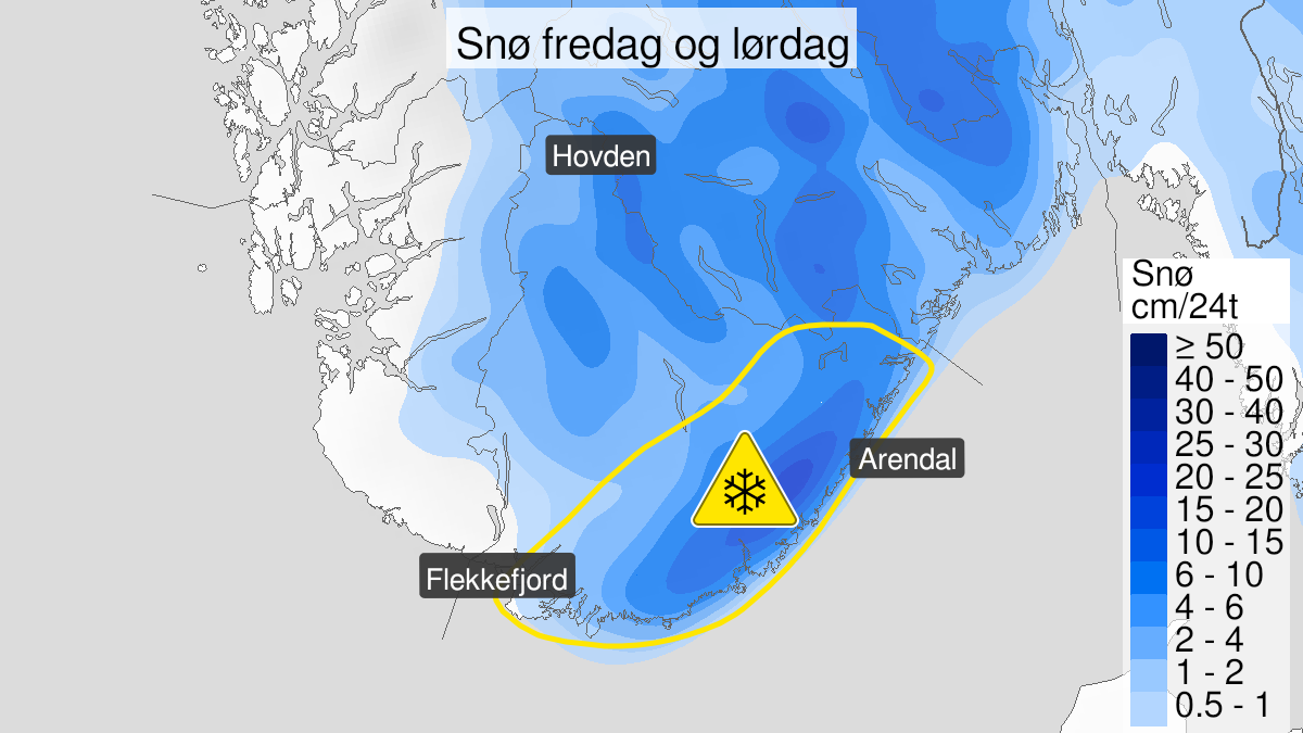 Kart over Snø, gult nivå, Deler av Agder, 2023-10-19T22:00:00+00:00, 2023-10-21T21:00:00+00:00