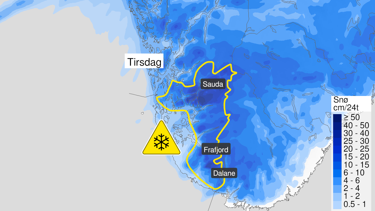 Kart over Nedgradert varsel for snø, Deler av Rogaland