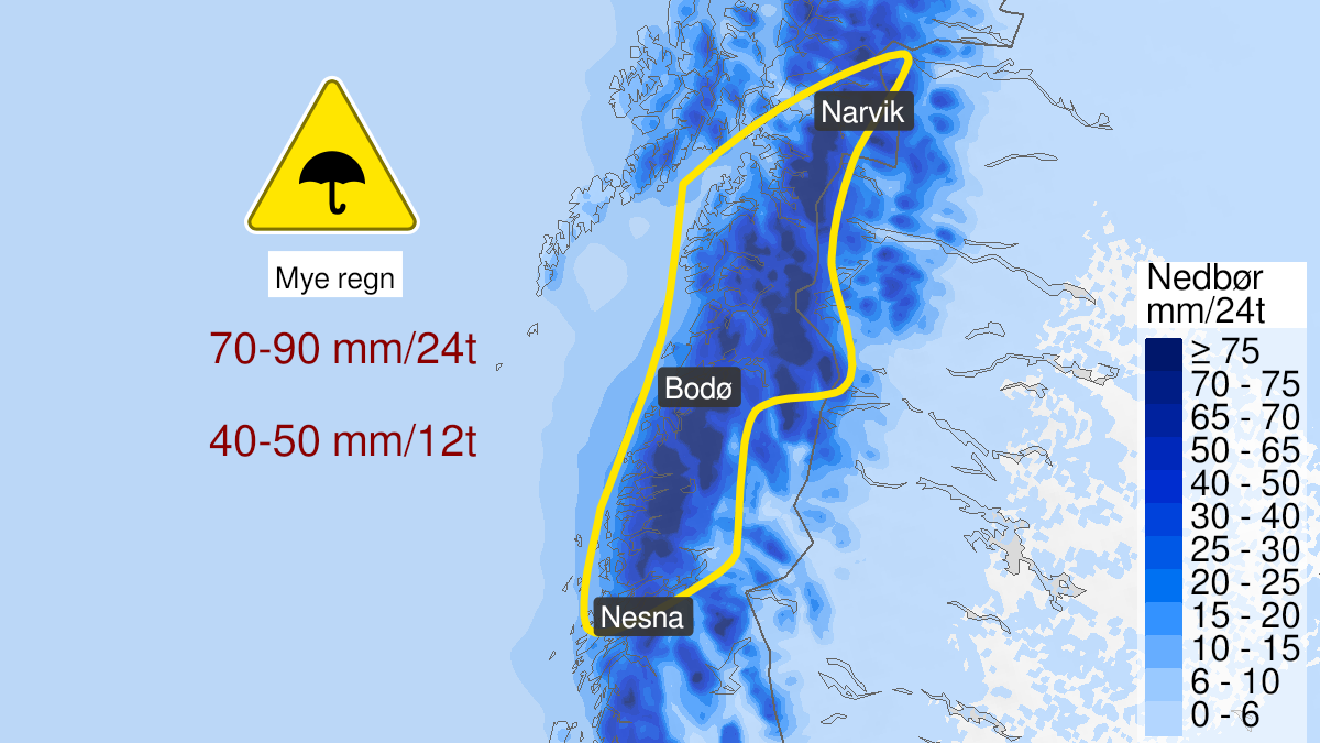 Map over Heavy rain, yellow level, Parts of Nordland between Nesna and Narvik, 2024-01-08T08:00:00+00:00, 2024-01-09T18:00:00+00:00