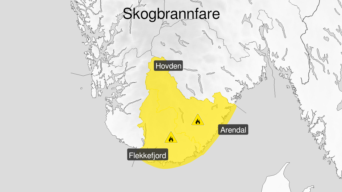 Map of forest fire danger expected, yellow level, Agder, 05 June 15:00 UTC to 06 June 21:00 UTC.