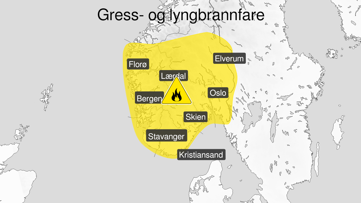 Kart over skogbrannfare, gult nivå, Det østafjelske og Vestlandet sør for Stad, 19 April 09:00 UTC til 24 April 07:00 UTC.