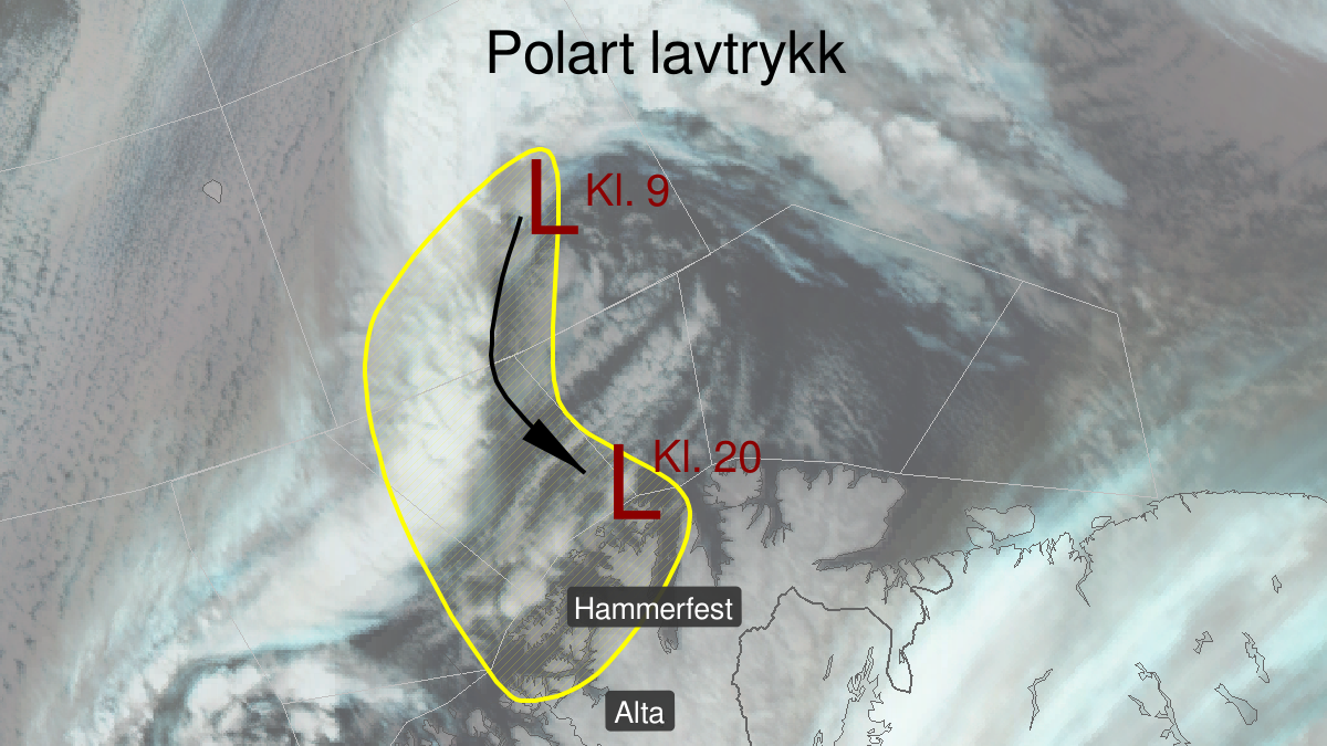 Polart lavtrykk pågår, gult nivå, C5, Tromsøflaket, Hjelmsøybanken og Nordkappbanken og Kyst- og fjordstrøkene i Vest-Finnmark, 09 December 09:00 UTC til 10 December 06:00 UTC.