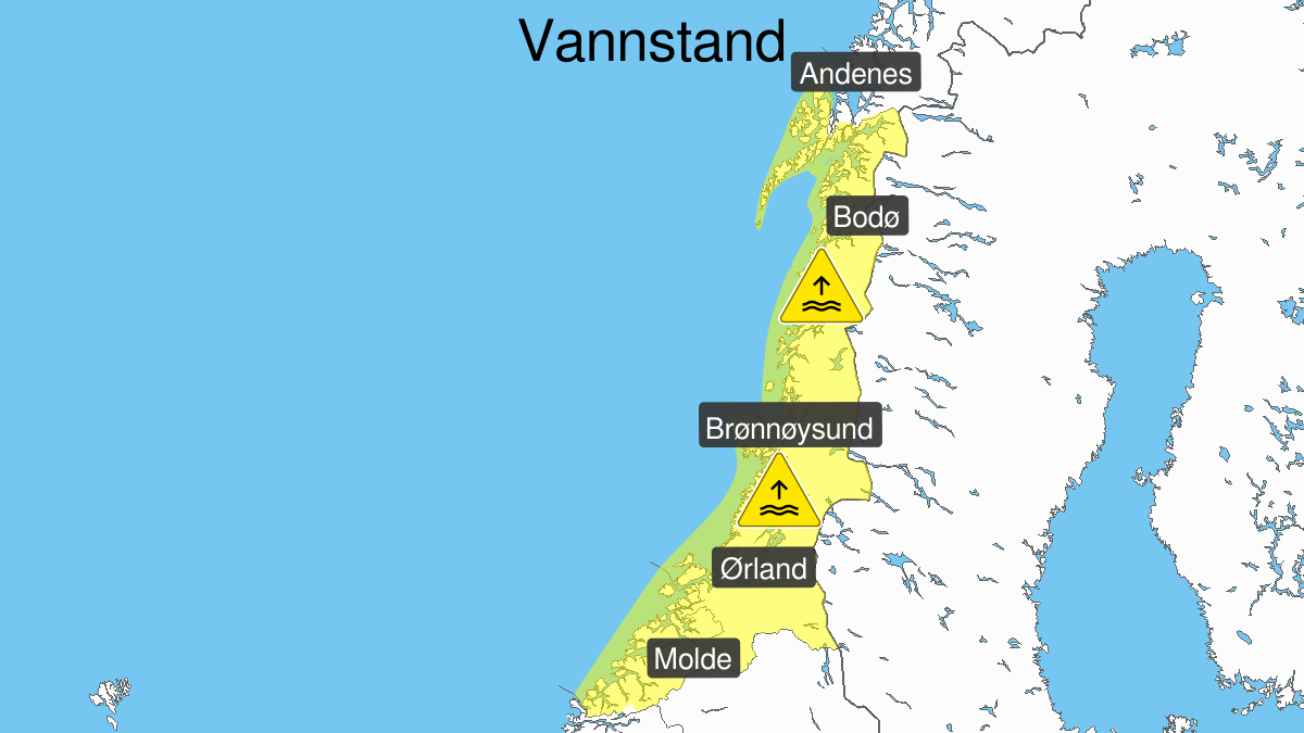 Høy vannstand, gult nivå, Møre og Romsdal, Trøndelag og Nordland, 13 January 10:00 UTC til 13 January 15:00 UTC.