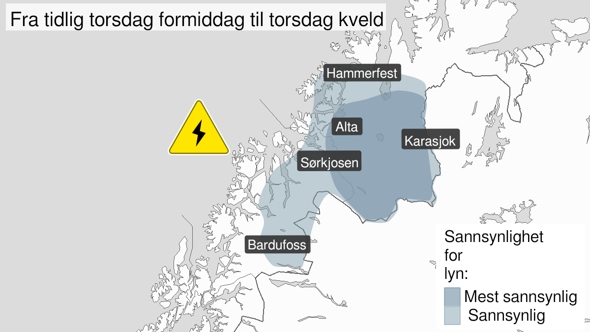 Map over Frequent lightning, yellow level, Parts of Troms, West-Finnmark and Finnmarksvidda, 2024-06-06T10:00:00+00:00, 2024-06-06T21:00:00+00:00