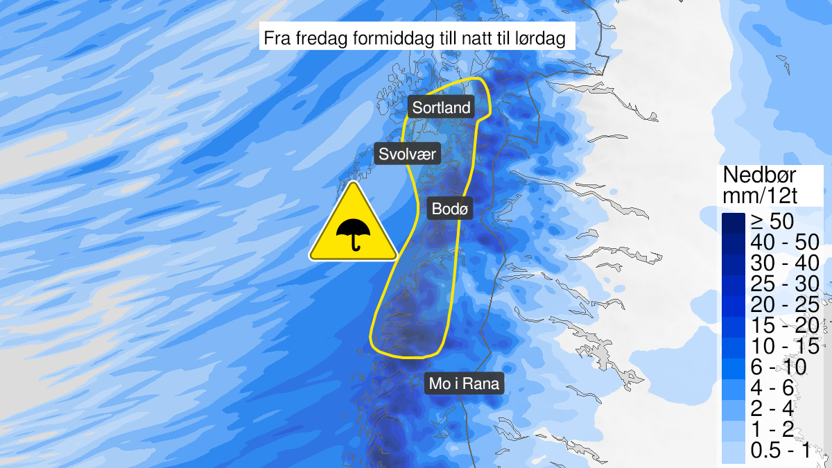 Kart over Mye regn pågår, gult nivå, Deler av Nordland, 2023-01-27T09:00:00+00:00, 2023-01-28T00:00:00+00:00