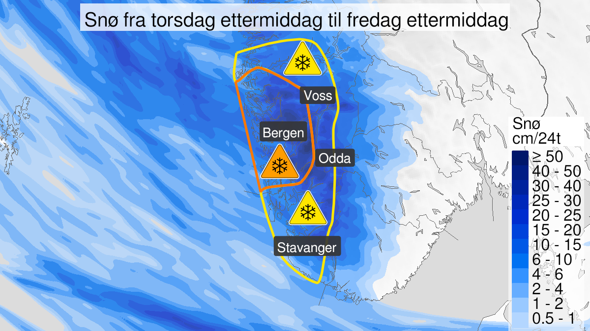 Kart over Snø pågår, gult nivå, Deler av Vestland og Rogaland, 2024-01-18T03:00:00+00:00, 2024-01-19T14:00:00+00:00