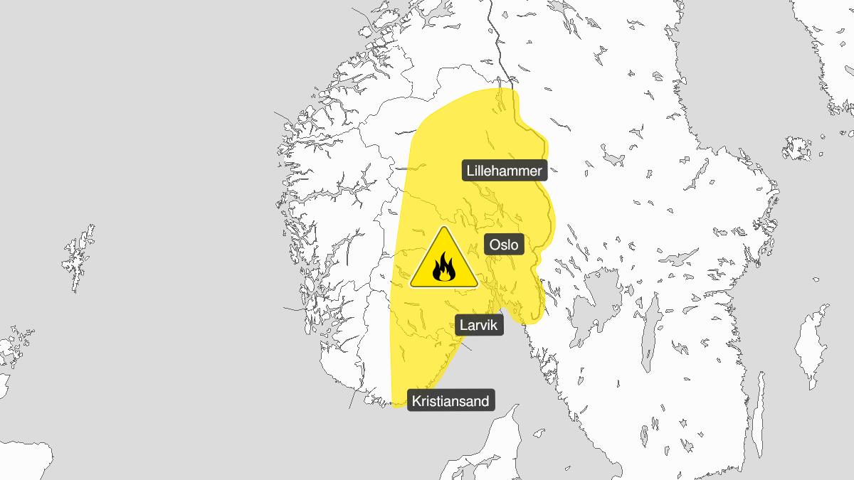 Map over Forest fire danger, yellow level, Østlandet and parts of Agder, 2022-07-14T09:00:00+00:00, 2022-07-21T22:00:00+00:00