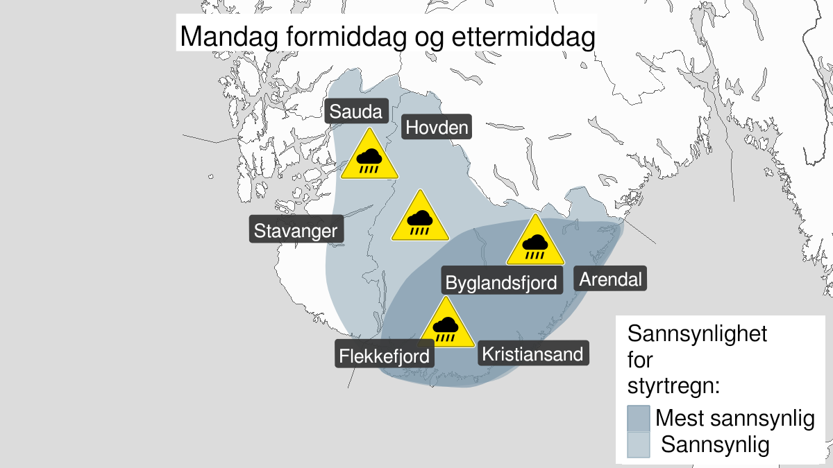 Map over Heavy rainshowers, yellow level, Agder and parts of Rogaland, 2023-07-10T06:00:00+00:00, 2023-07-10T15:00:00+00:00