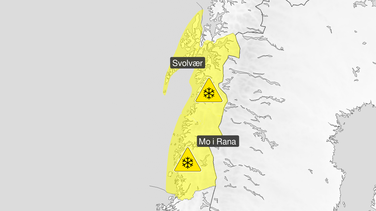 Map of blowing snow, yellow level, Nordland, 27 March 19:00 UTC to 28 March 20:00 UTC.