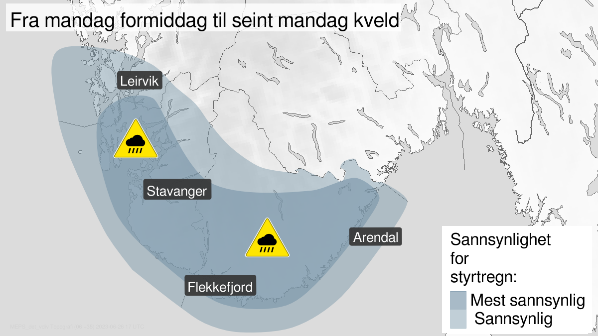 Kart over Styrtregn, gult nivå, Deler av Vestland, Rogaland og Agder, 2023-06-26T09:00:00+00:00, 2023-06-26T22:00:00+00:00