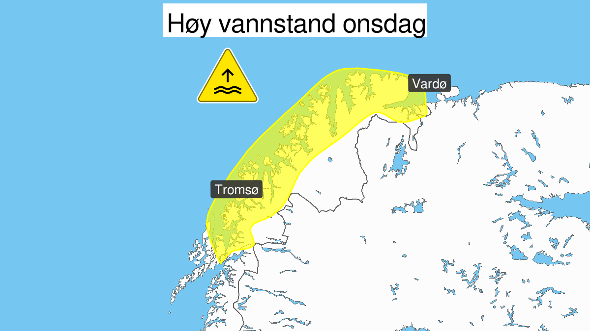 Høy vannstand, gult nivå, Troms og Kyst- og fjordstrøkene i Finnmark, 12 February 02:00 UTC til 12 February 20:00 UTC.