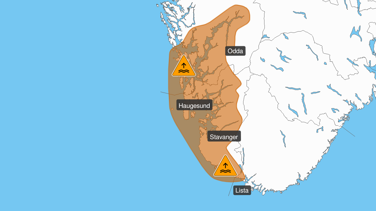 Ekstremværet Didrik: Svært høy vannstand, oransje nivå, Rogaland, Sunnhordland og Hardanger, 15 January 11:00 UTC til 15 January 15:00 UTC.
